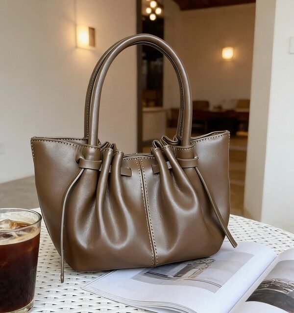 Vintage Brown Ruched Drawstring Tote Bag