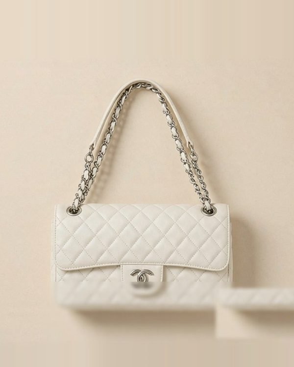 White Quilted Caviar Double Flap Gold Chain