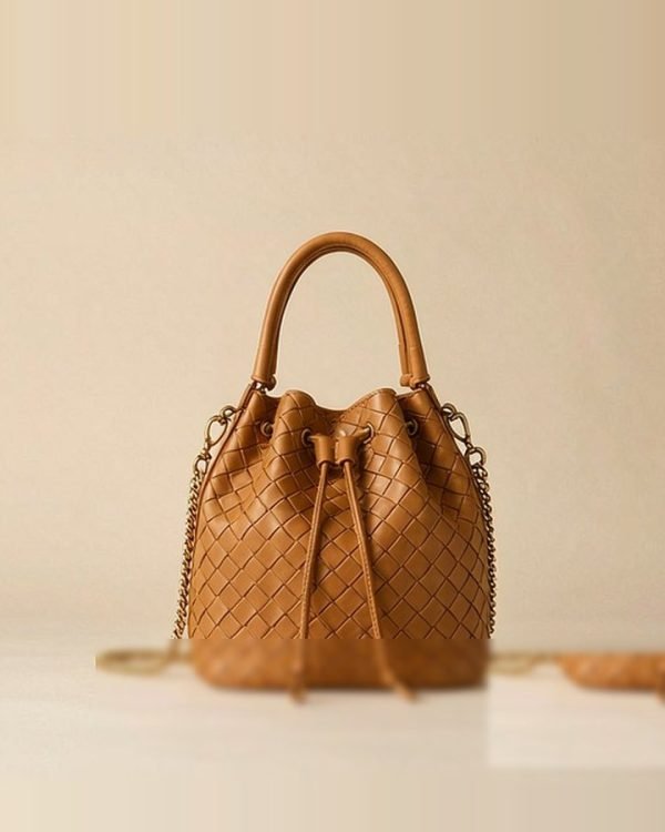 Woven Leather Bucket Bag Cognac